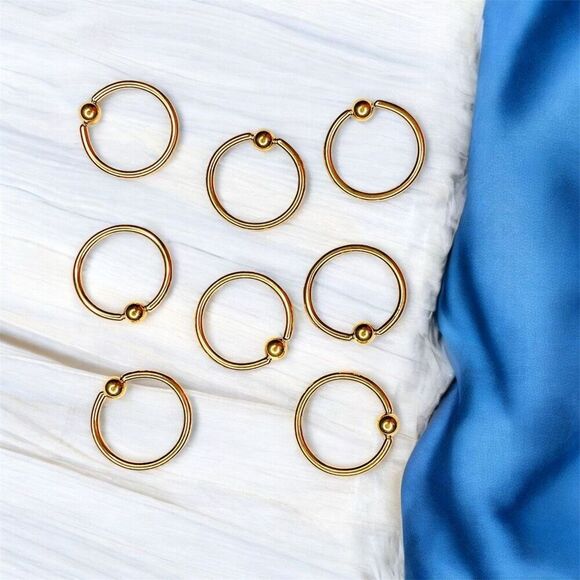Set of 8 Stainless Gold Fixed Bead Rings – Body Jewelry Hoops Fixed Bead Gold No - Picture 1 of 4